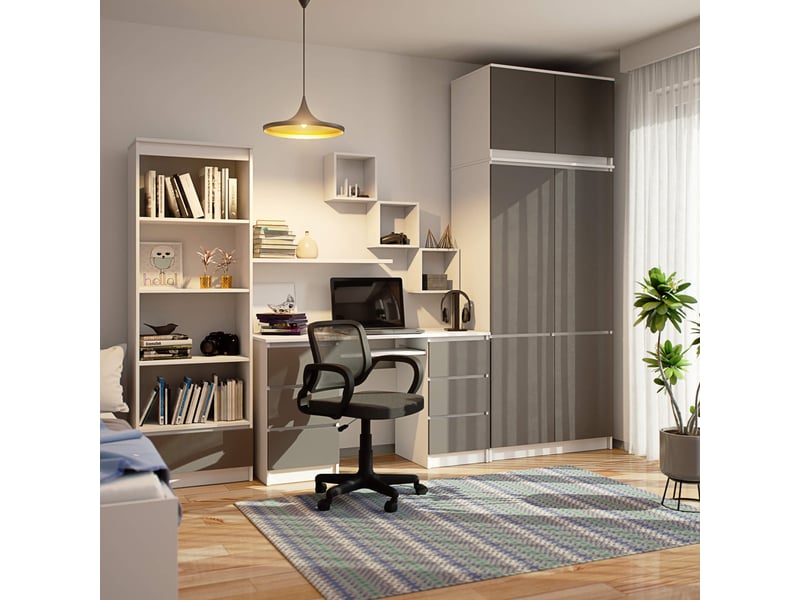 Armoire avec surmeuble s90 blanche 90 cm 6 portes façade gris graphite 6 étagères 90x51x235 cm - Conforama E