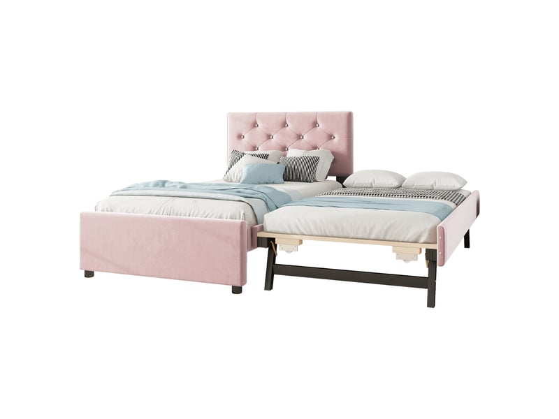  Lit rembourré rose 90x200 cm avec tiroir roulant, velours et sommier à lattes  - Conforama E