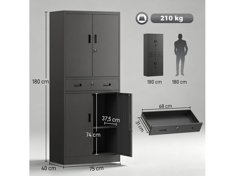  Armoire à outils en métal 75x40x180 cm – noir – portes verrouillables, tiroir et étagères réglables  - Conforama C