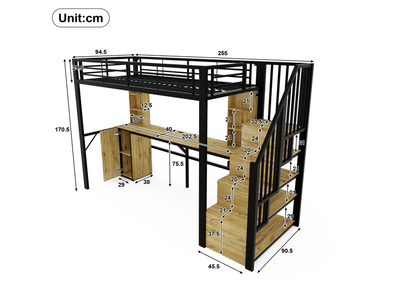  Lit mezzanine 90 × 200 cm 1 place avec bureau, armoire, rangements et usb, sans matelas, noir  - Conforama D