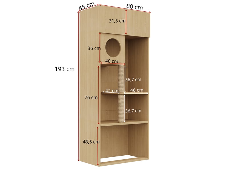  Meuble cache-litière 80 x 45 x 193 cm, rangement multifonction avec poteau à griffer, plateformes et espace repos, aspect bois naturel  - Conforama C