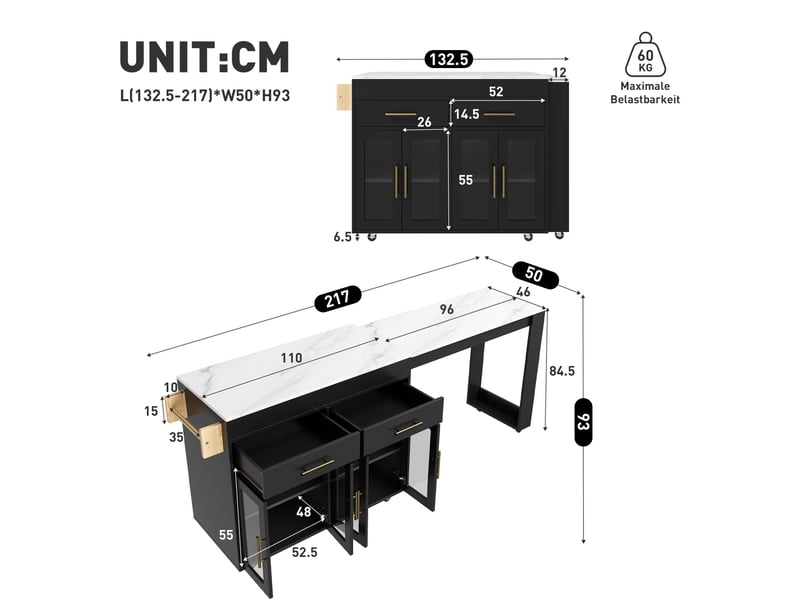  Îlot de cuisine mobile extensible 132,5-217x50x93 cm, bar, 7 roulettes, portes vitrées, mdf, noir  - Conforama C