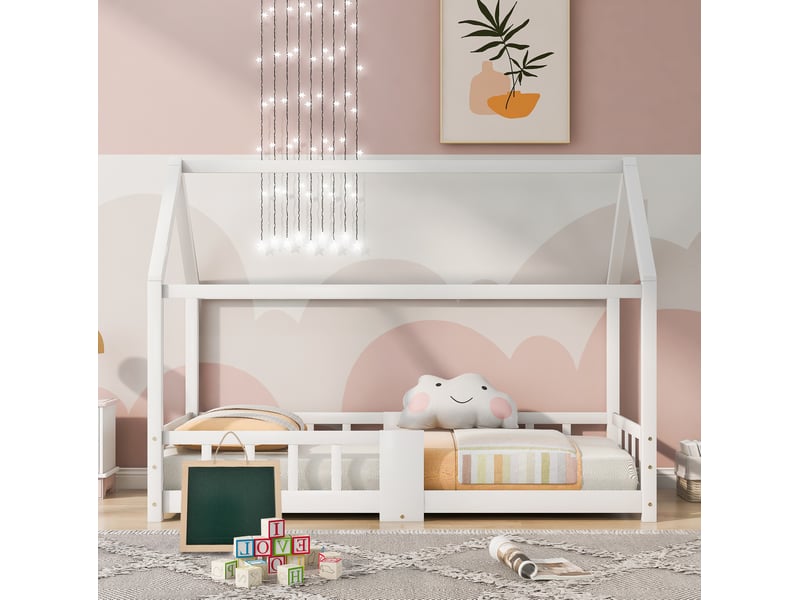  Lit cabane enfant tcqpz 90 x 200 cm en bois blanc avec tableau, 15 lattes et barrières de sécurité  - Conforama D