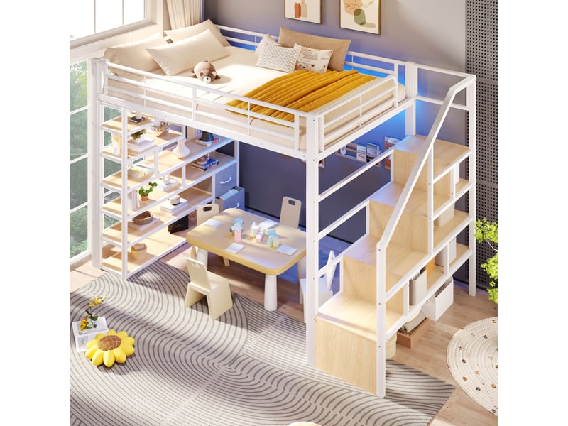 Lit mezzanine 140x200 cm avec rangements, led et garde-corps blanc - Conforama E