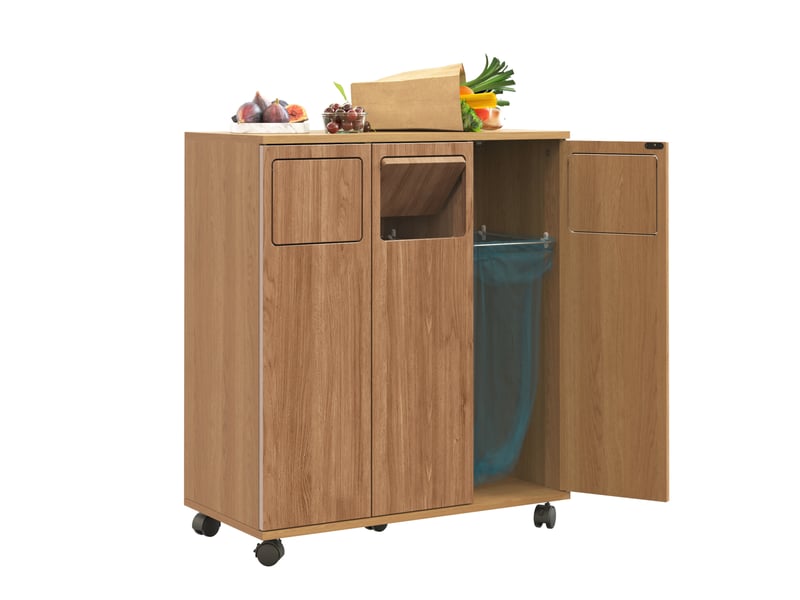 Armoire de tri des déchets modenvie 3 compartiments sur roulettes aspect chêne mdf naturel 69,3 x 35 x 80,3 cm  - Conforama A