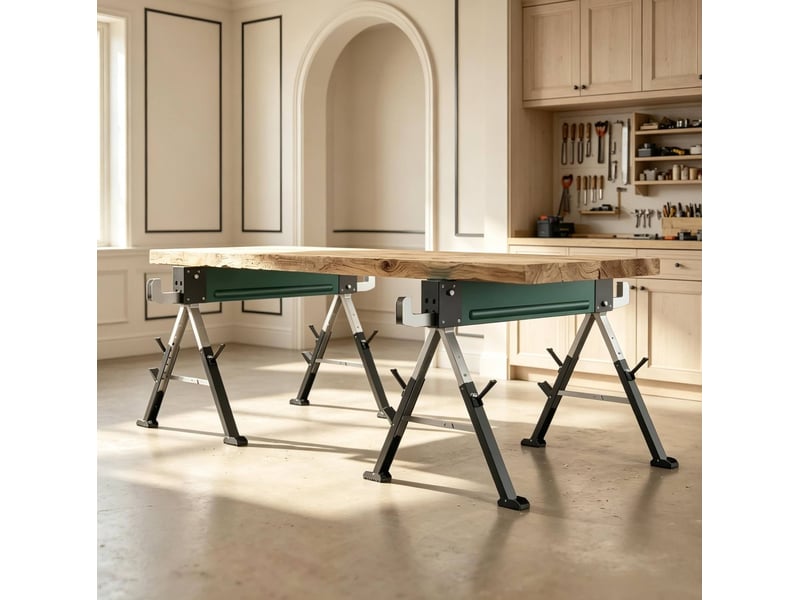  Lot de 2 chevalets de sciage pliables 116x64 cm réglables en hauteur métal vert  - Conforama B