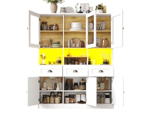 Armoire haute de cuisine 140x40x175cm, buffet de cuisine avec led, vaisselier blancnoir en mdf