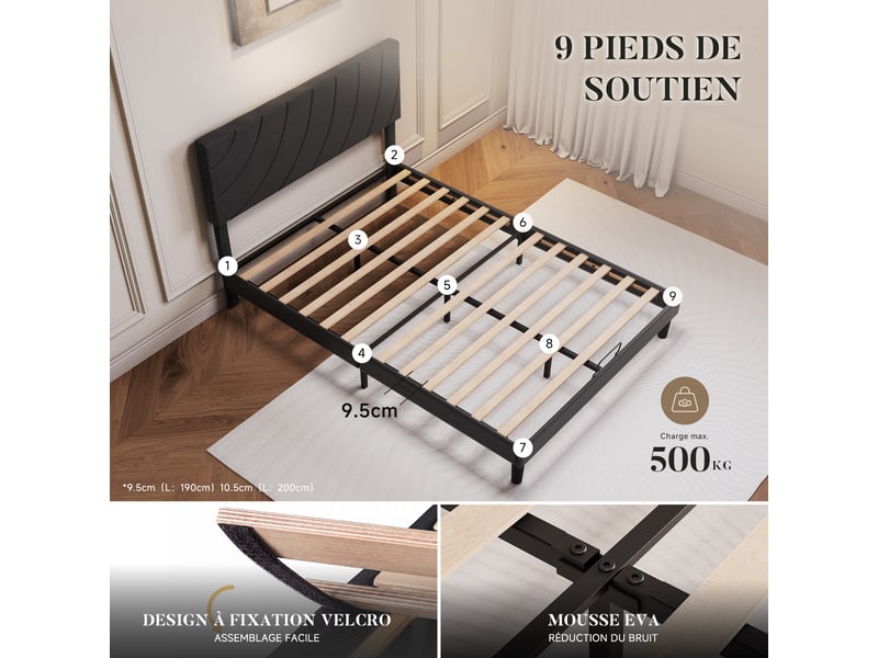  Lit double 140x200 cm avec sommier à lattes, cadre de lit rembourré, pieds antidérapants, tête de lit réglable, noir  - Conforama C