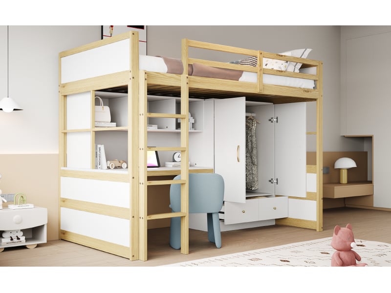  Lit mezzanine 90x200 cm en bois naturel avec échelle, bureau, armoire et tiroirs pour enfant  - Conforama R