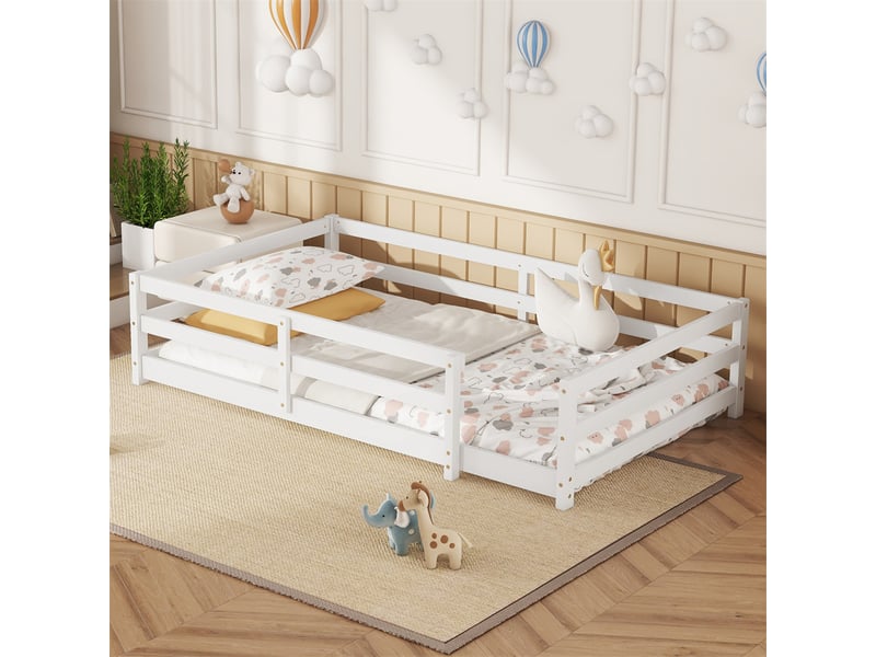 Lit enfant 140x200 cm - lit bébé 140x200 cm - avec barrière de sécurité - facile à assembler - bois de pin -blanc - Conforama D
