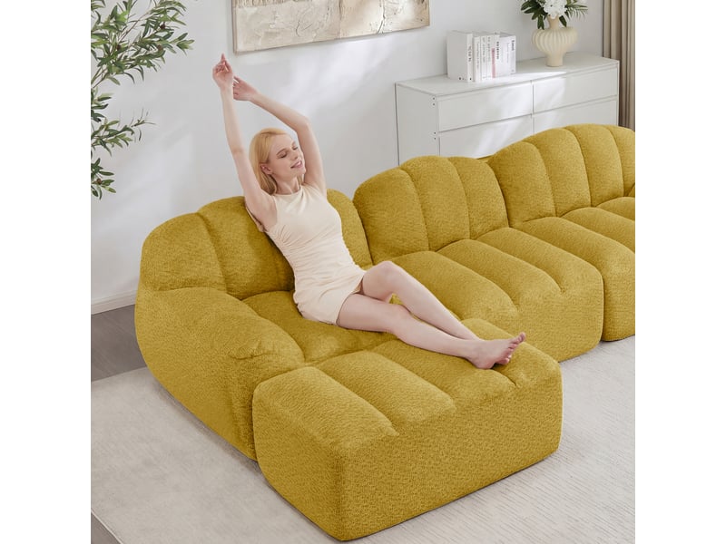  Canapé d’angle coquille 3 places avec pouf jaune – 288 x 165 x 79 cm Fay Lum - Conforama R