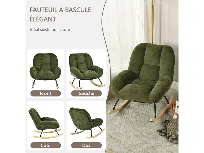  Fauteuil à bascule scandinave, rocking chair en tissu chenille, pieds en bois d’hévéa, vert  - Conforama W