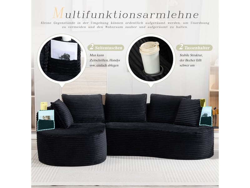  Canapé revêtement en velours côtelé toucher doux respirant porte-gobelet intégré poche de rangement mousse haute densité coussins inclus  - Conforama E