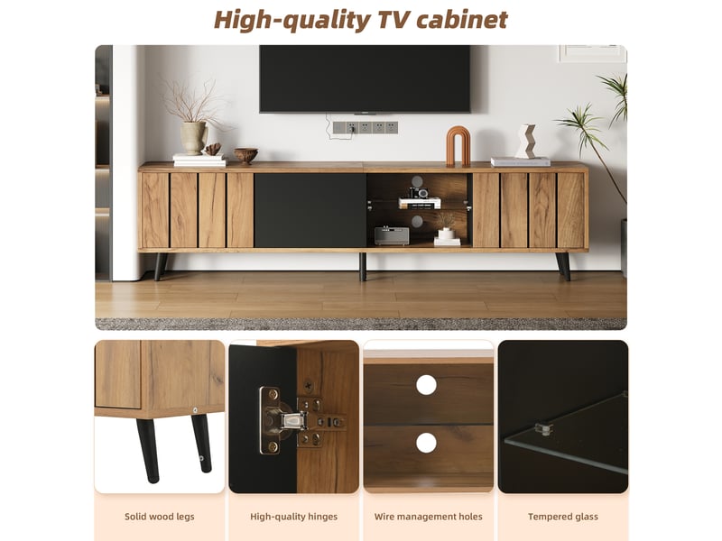  Meuble tv 175 x 31,5 x 45 cm – naturel et noir – 3 portes, rangement central en verre, pour tv jusqu’à 75 pouces  - Conforama E