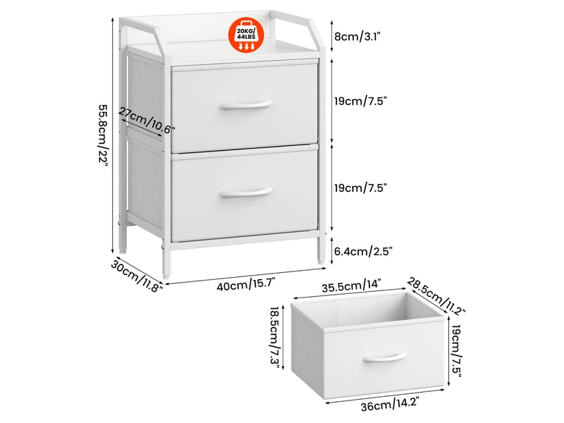  Table de chevet 40x30x55 cm avec deux tiroirs tissu blanc pour chambre  - Conforama D