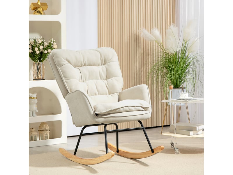  Fauteuil à bascule tcqpz avec accoudoirs, aspect chenille beige, assise 53 cm, charge 120 kg, 71 x 98,5 x 97 cm  - Conforama B