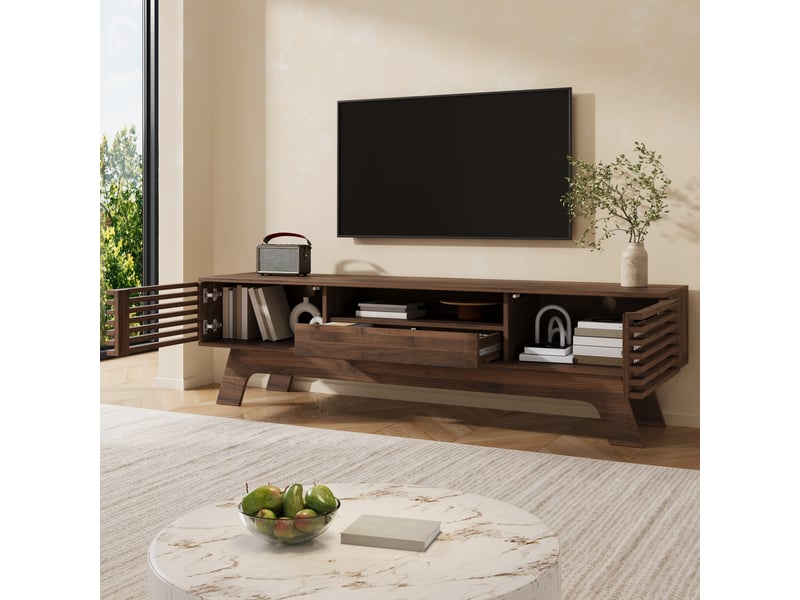 Meuble tv bas en mdf avec portes à lamelles, tiroir et passe-câbles, rangement multimédia moderne pour salon, design épuré et fonctionnel, pour aménagement intérieur moderne OPULERANE TRADING LTD - Conforama E