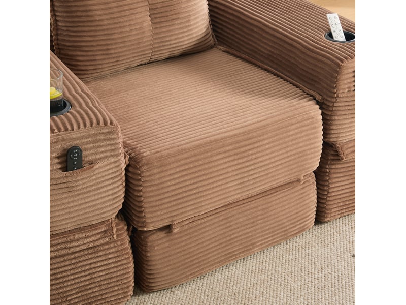  Canapé droit convertible 1 place en velours côtelé marron, avec poche latérale et porte-gobelet pratique  - Conforama D