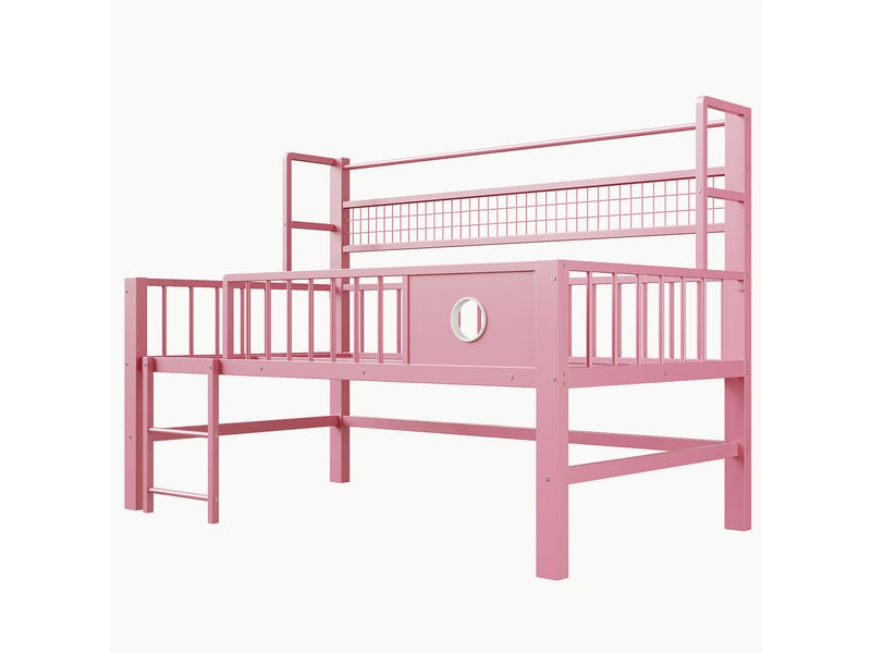  Lit mezzanine 90x200 cm avec sommier à lattes, cadre de lit adulte en métal, lit 1 personne, lit adulte, rose, lit simple  - Conforama E