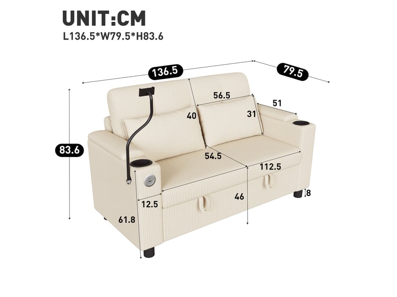 Canapé 2 places avec coffre 136,5x79,5x83,6 cm, rangements d’accoudoirs, 2 porte-gobelets, usbtype-c, support téléphone, velours côtelé beige - Conforama D