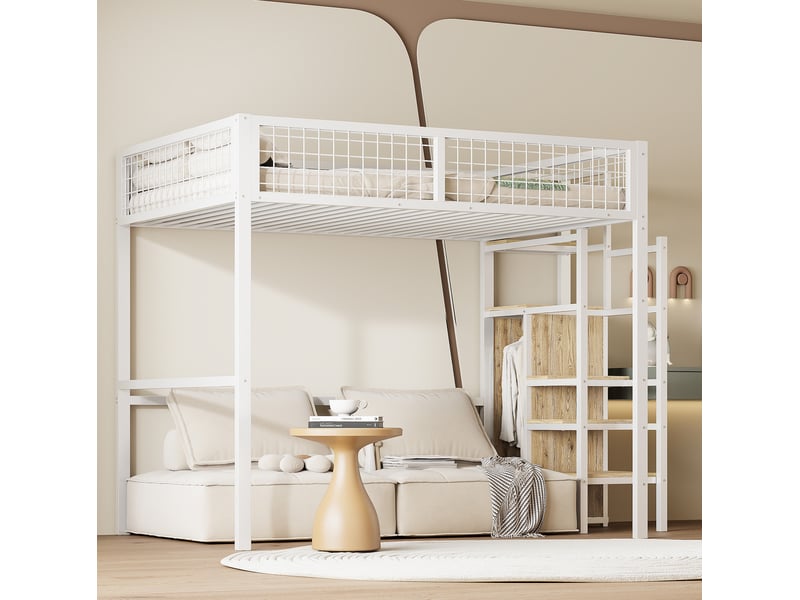  Lit mezzanine tcqpz 140 x 200 cm blanc métal avec escalier et espace de rangement  - Conforama E