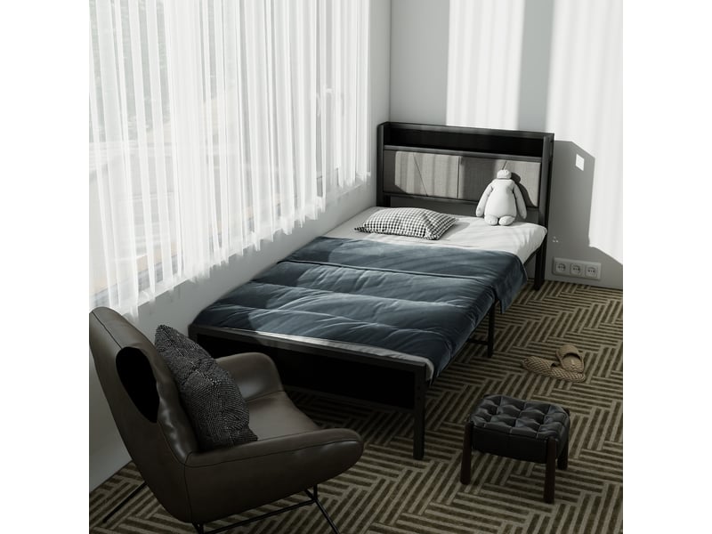  Lit simple 90x200 cm en métal noir avec rangement sous le lit, structure stable pour chambre ou chambre d’amis  - Conforama B