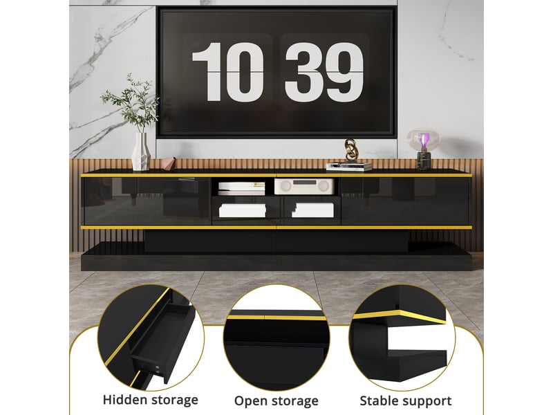  Meuble tv avec 3 tiroirs, led multicolore et finition laquée pour salon, en panneau de particules, noir et or, 180×38×45 cm  - Conforama E