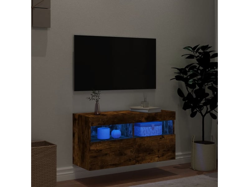  Meuble tv - banc tv - meuble de rangement mural avec lumières led chêne fumé 80x30x40 cm  - Conforama D