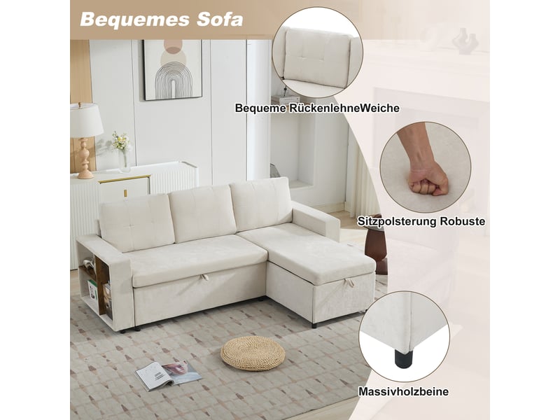  Canapé d'angle avec rangement,3 places,tablettes accoudoirs,en chenille,charge 120 kg,montage facile,beige,202x136x85 cm  - Conforama E