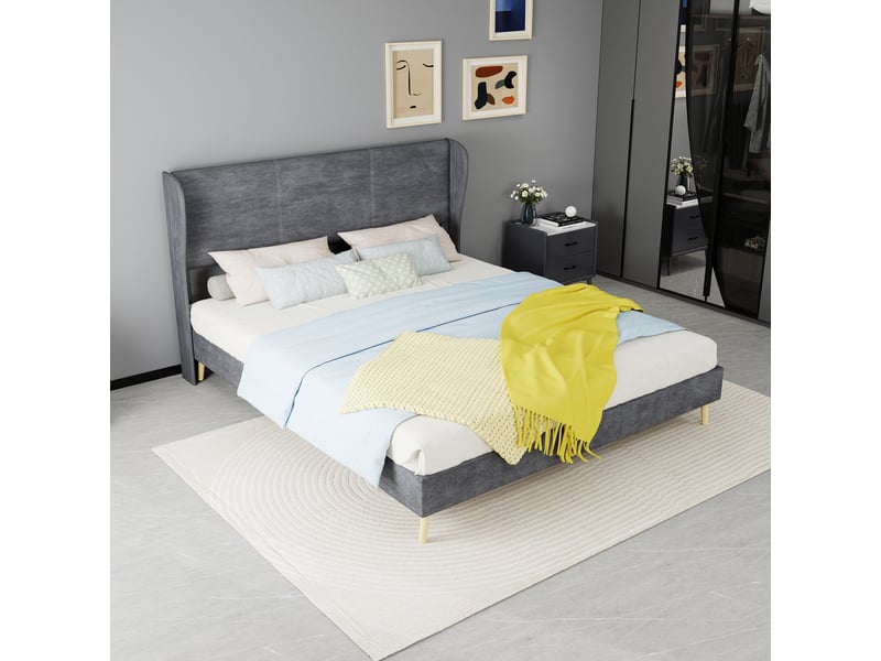 Lit double 160x200 cm avec tête de lit rembourrée, lit adulte avec sommier à lattes, gris, lit 2 personnes - Conforama W
