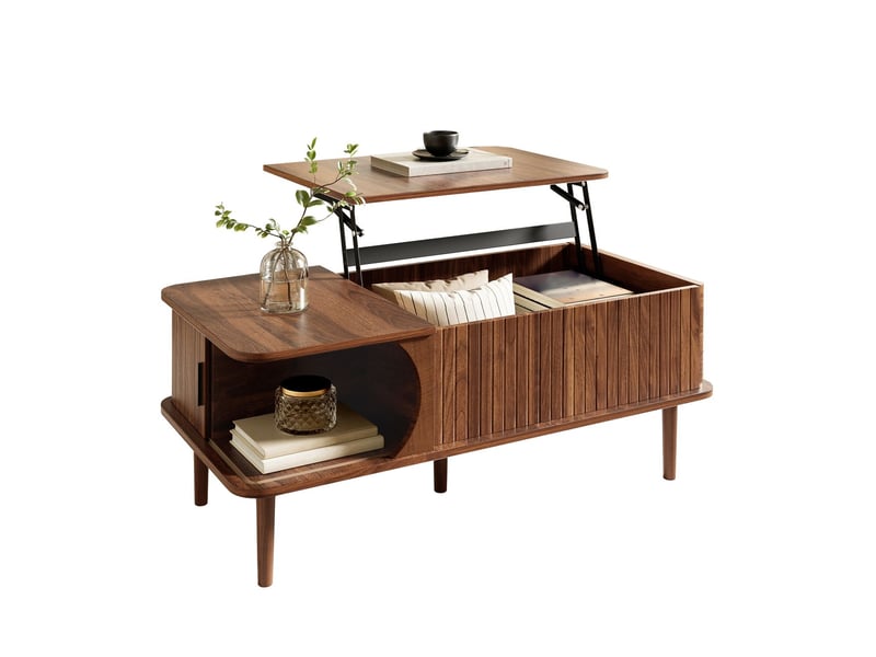  Table basse, plateau relevable table basse salon, finition noyer, rangement porte coulissante, pieds bois, style rétro  - Conforama A