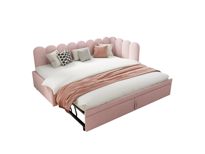  Lit gigogne en l 90x200 cm, gain d'espace, pour chambre, lit enfant, sommier, tête de lit, finition velours rose, sans matelas  - Conforama A