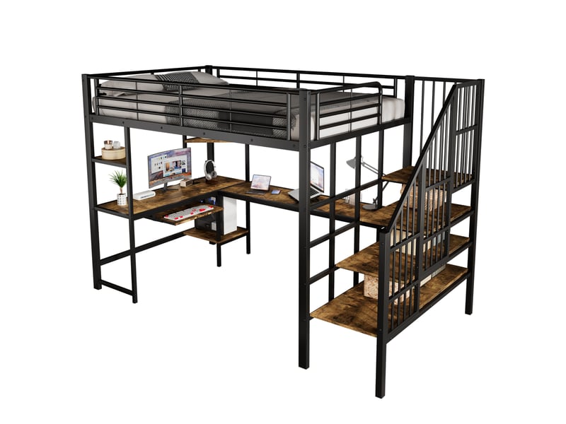 Lit mezzanine 120x200 cm avec espace bureau et port de charge, en métal et bois, noir et noyer foncé - Conforama A