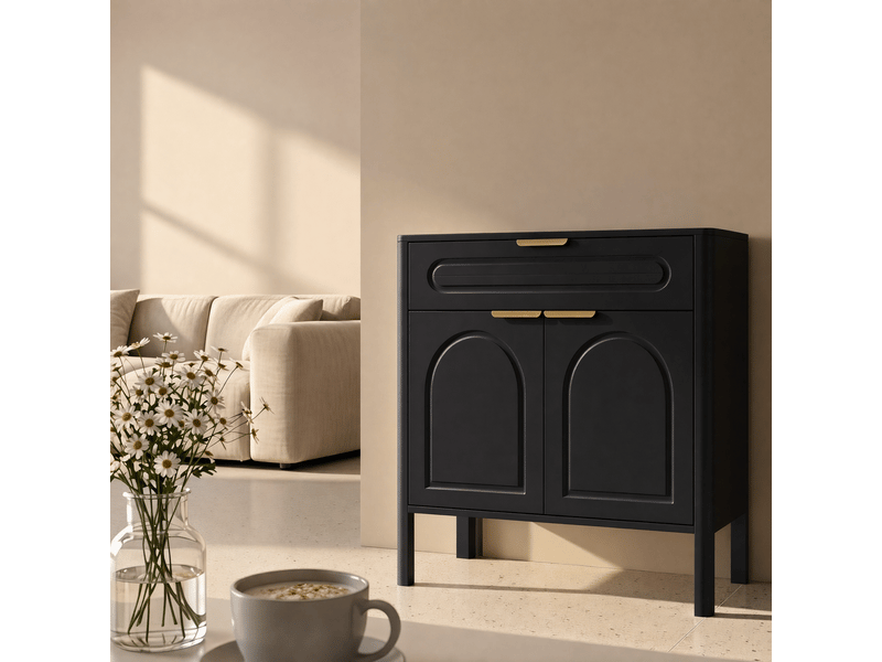  Buffet noir, meuble d'appoint autoportant avec design arqué, 1 tiroir et 2 portes, poignées dorées, bords arrondis, pour entrée salle à manger salon  - Conforama D