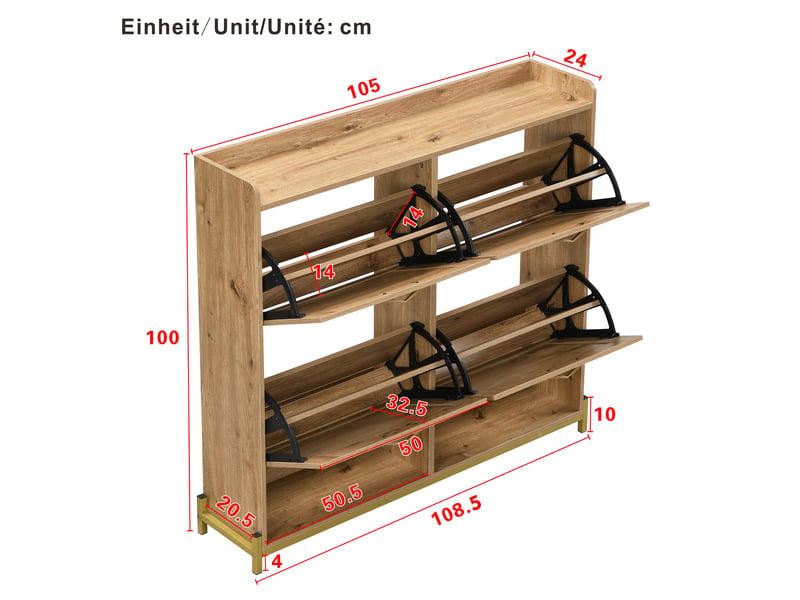  Meuble à chaussures ulevr 4 portes abattantes en rotin, rangement 108,5 x 24 x 100 cm, mdf couleur bois, cadre métallique  - Conforama C