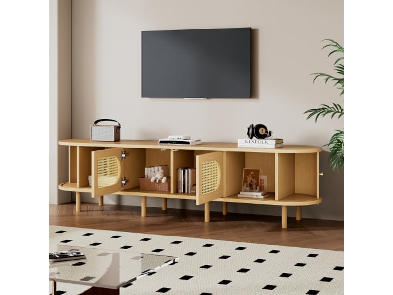  Meuble tv ovale en bois clair, design rotin - 180x40x40 cm, 2 portes battantes et 2 coulissantes, tv jusqu'à 75 pouces  - Conforama D