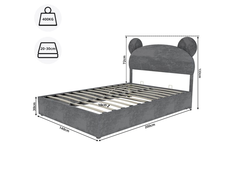  Lit coffre 140x200 cm gris avec coffre de rangement - lit enfant - tête de lit dessin animé sommier inclus tissu doux  - Conforama C