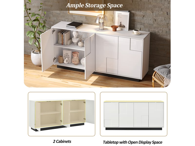 Buffet 160x37x75,5 cm, 4 portes géométriques laquées, grand rangement, panneau de particules, blanc et noir, moderne - Conforama D