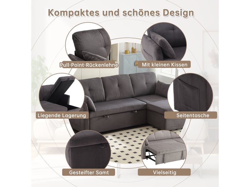  Canapé modulable d'angle convertible avec rangement, tissu côtelé gris foncé, structure bois massif, dimensions 206x108x66 cm  - Conforama D