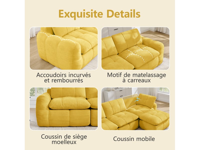  Canapé d'angle modulable 4 places avec ottoman, en chenille jaune  - Conforama D