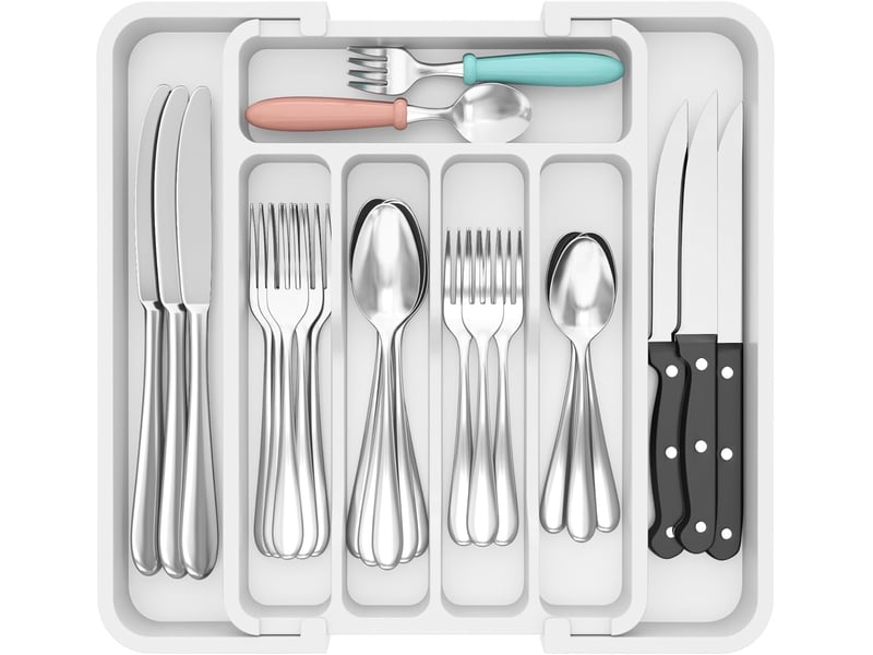  1 tiroir à couverts extensible blanc de 33,5 x 37,5 cm, boîte de rangement pour couverts (convient aux cuillères, fourchettes, couteaux)  - Conforama A