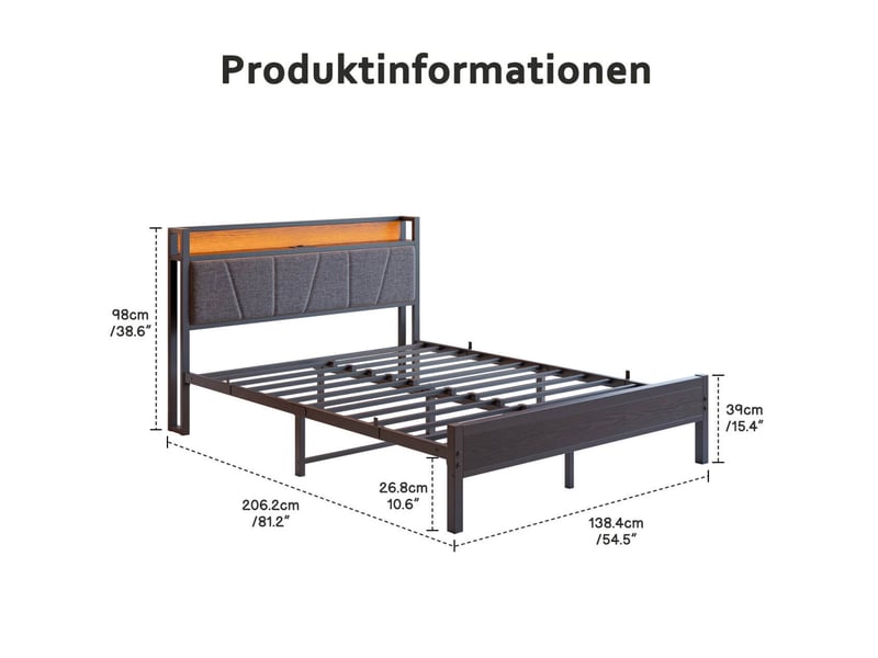 Cadre de lit 140 x 200 cm noir avec led, tête de lit de rangement et ports usb - Conforama E