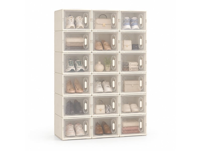  Lot de 18 boîtes à chaussures empilables,avec portes,plastique,blanc et transparent  - Conforama A