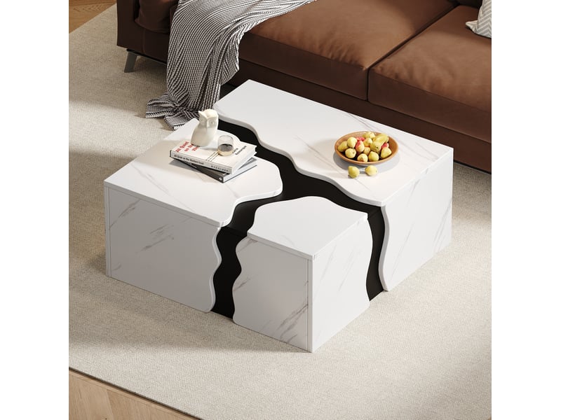  Table basse 70x70x31 cm design géométrique cubique lignes ondulées grand plateau tiroir panneau de particules blanc  - Conforama W