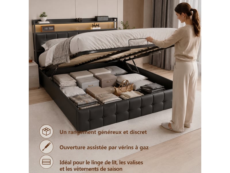  Lit coffre 140x200 cm avec sommier, lit 2 places avec led et usb, lit adulte avec coffre, lit de rangement avec tête de lit, pu noir  - Conforama R