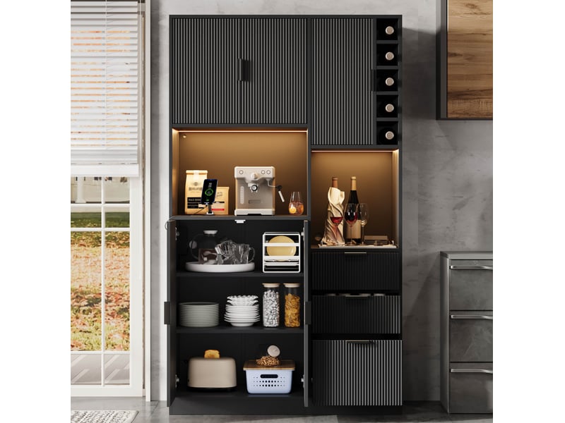  Buffet de cuisine haut avec 3 tiroirs, étagères réglables, range-bouteilles, led et prises, noir, 105 × 40 × 180 cm  - Conforama C
