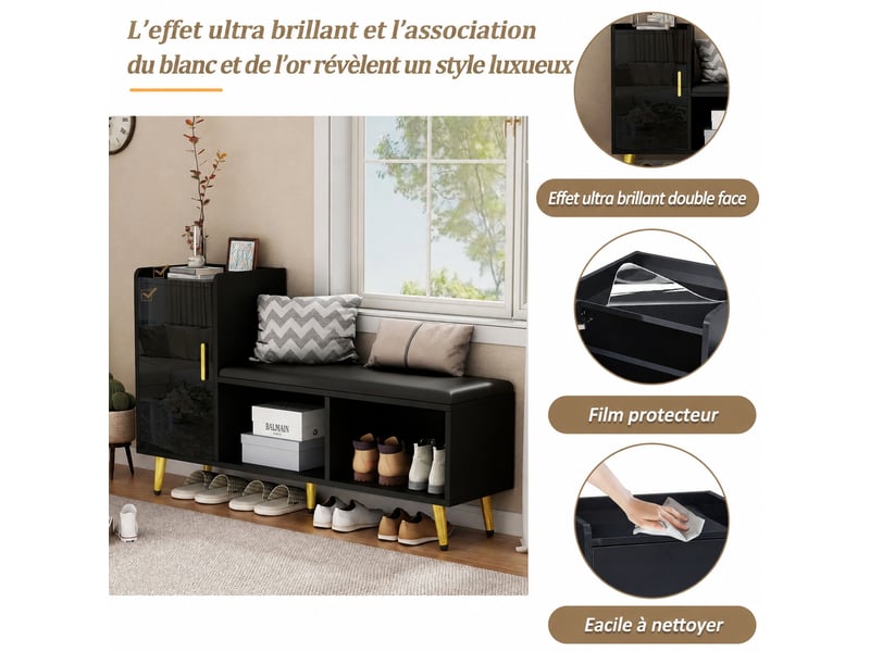 Meuble à chaussures avec banc rembourré, rangement 10 paires, porte et étagères réglables, noir brillant - Conforama D