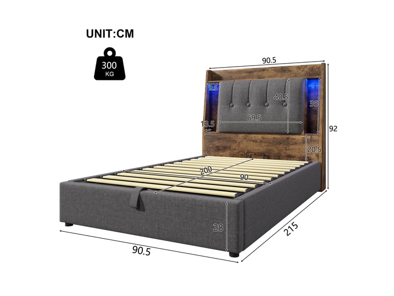  Lit enfant coffre 90 x 200 cm tête rangement pliable led multicolore ports usb‑c linmdf gris sans matelas  - Conforama C