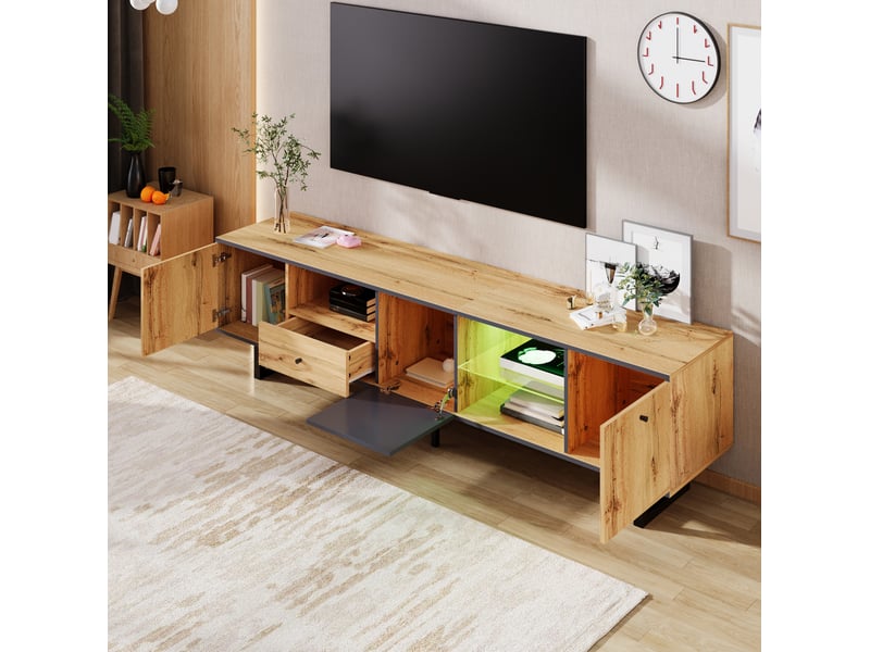  Meuble tv bas modenvie avec led contrôlées par application 190 x 40 x 50 cm panneaux de particules bois anthracite noir  - Conforama D
