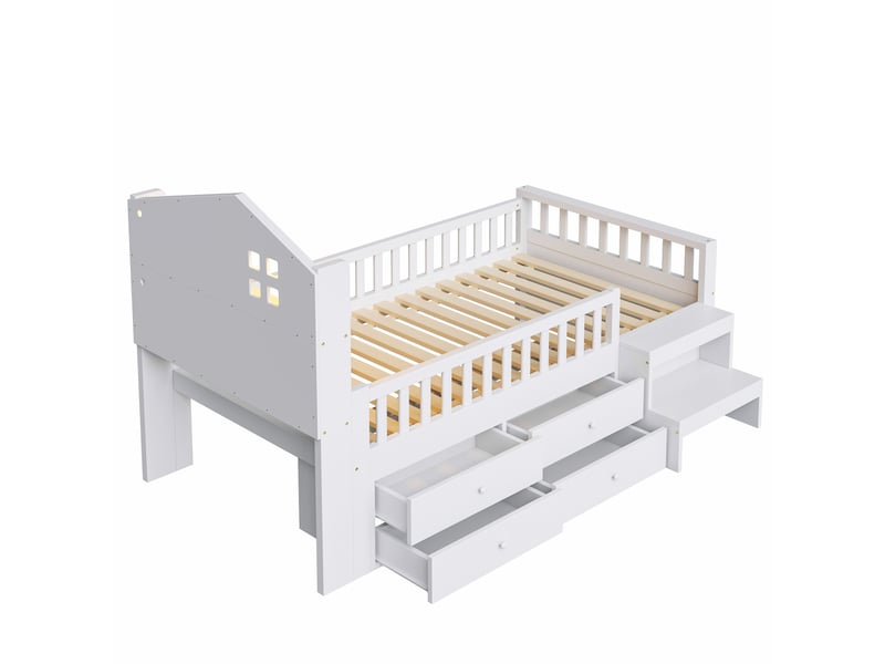 Lit simple 90x200 cm avec 4 tiroirs et led, pin, blanc, sans matelas - Conforama D